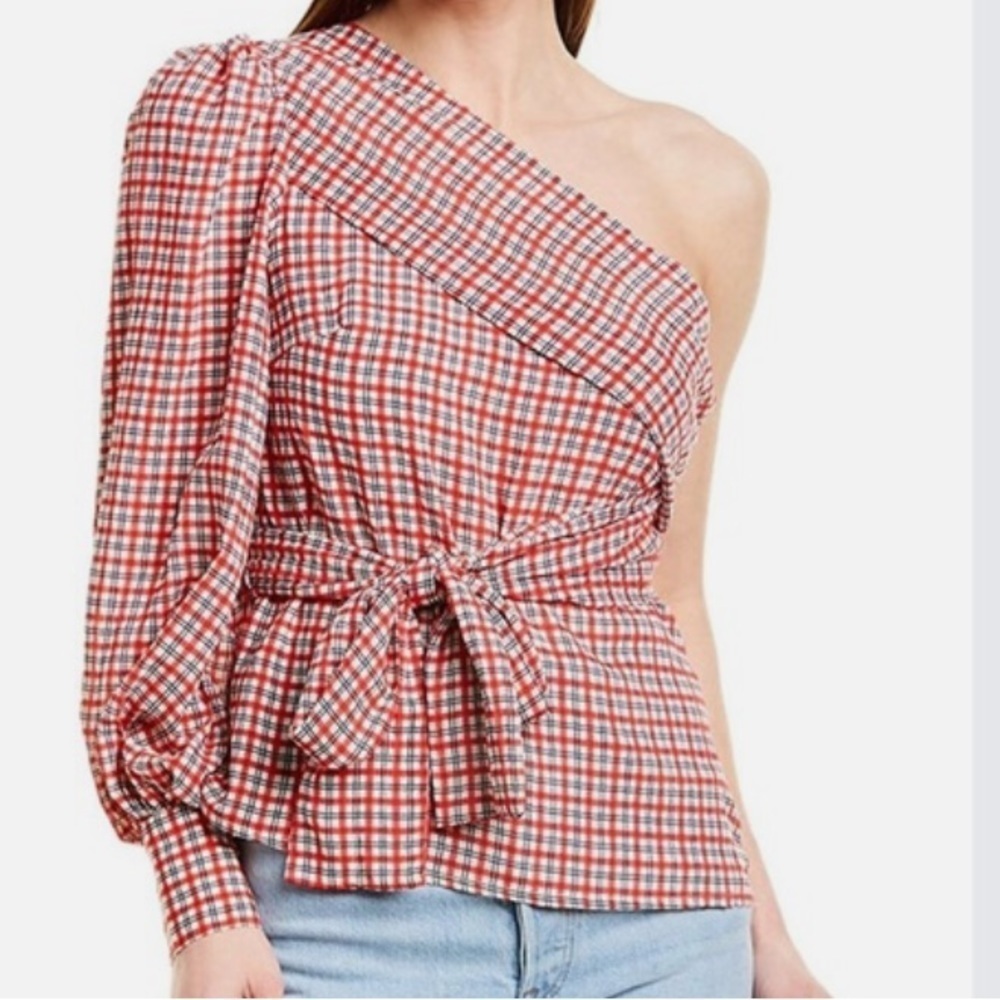 C/MEO COLLECTIVE Counting All Plaid One Shoulder Tie Front Top Medium - Picture 4 of 9